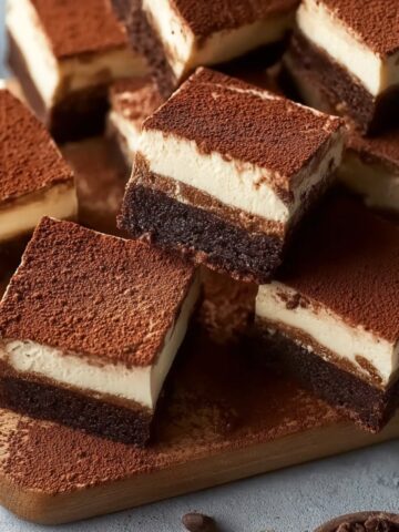Tiramisu brownie squares on a wooden board showing three distinct layers: fudgy chocolate brownie base, creamy mascarpone filling, chocolate mousse layer, and cocoa powder dusted top.