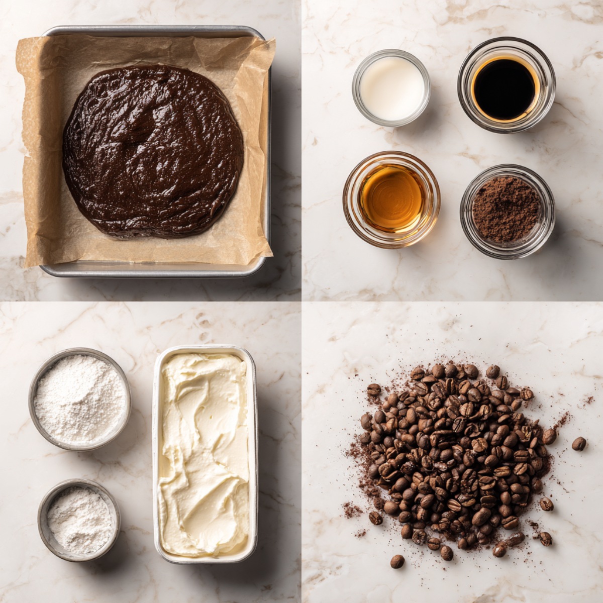 Ingredients for Tiramisu Brownies arranged in a 4-panel flat lay on a grey stone surface.