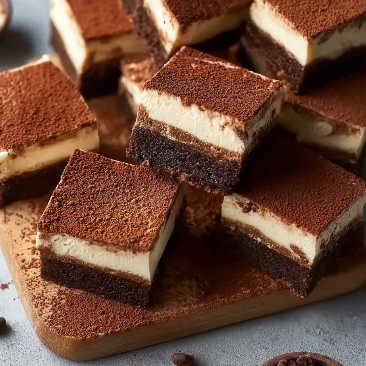 Tiramisu brownie squares on a wooden board showing three distinct layers: fudgy chocolate brownie base, creamy mascarpone filling, chocolate mousse layer, and cocoa powder dusted top.