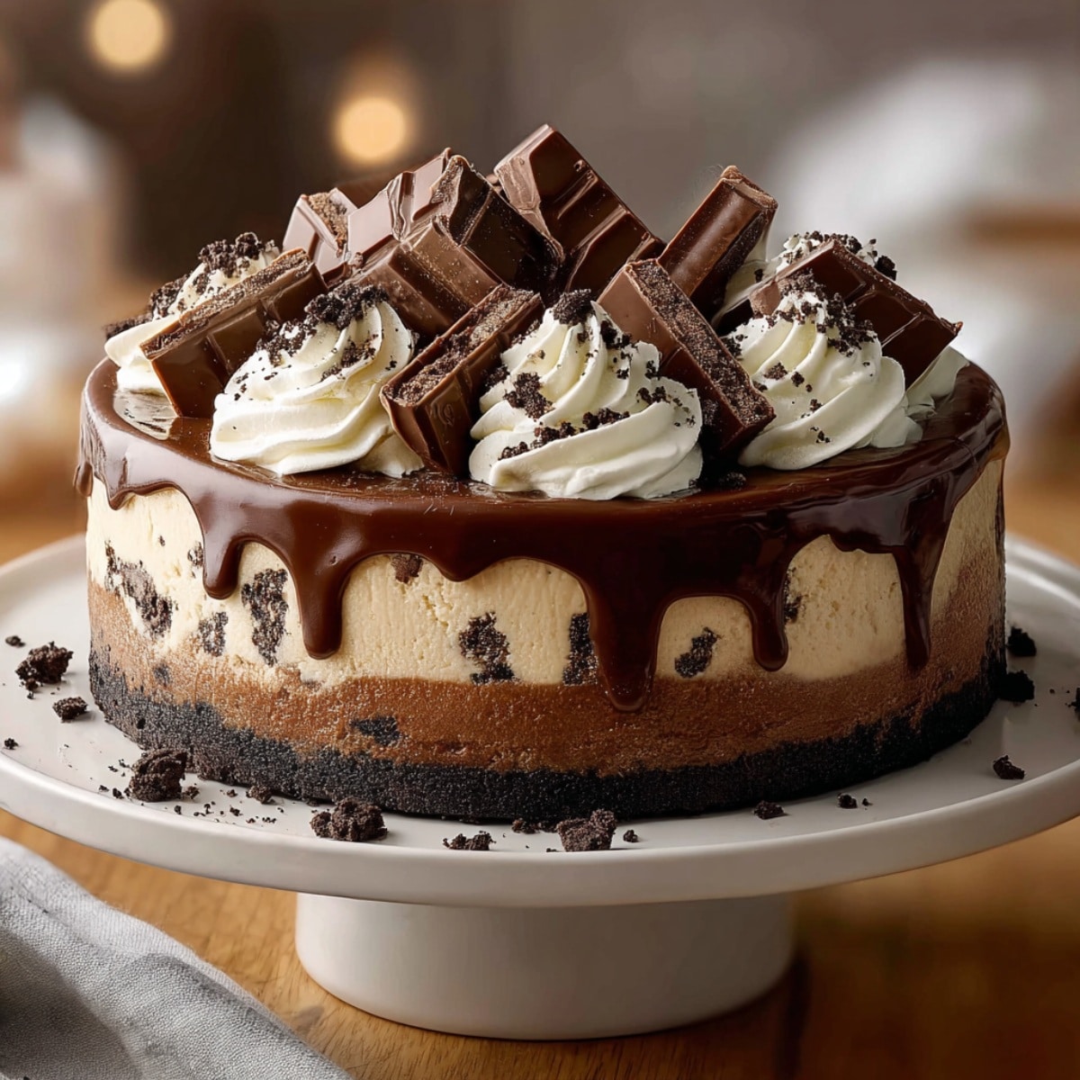 Whole triple chocolate cheesecake on a white cake stand with Oreo cookie crust, creamy chocolate cheesecake layers, rich chocolate ganache drip, whipped cream swirls, and chocolate bar pieces on top.