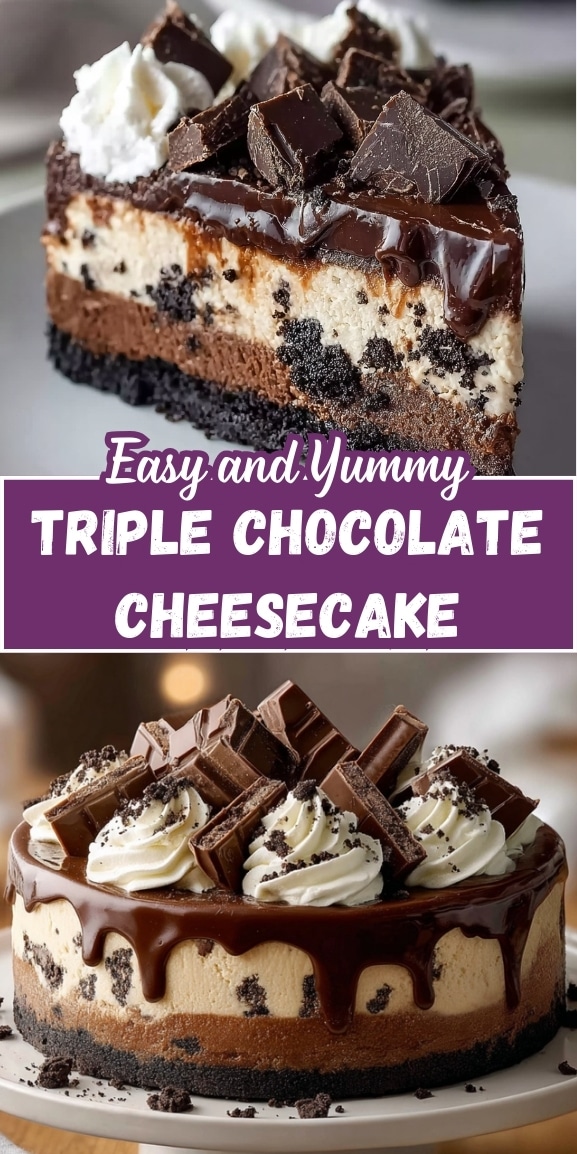 Easy and yummy triple chocolate cheesecake pin featuring a rich Oreo cookie crust, layered chocolate cheesecake filling, glossy chocolate ganache drip, whipped cream swirls, and chunky chocolate pieces on top.
