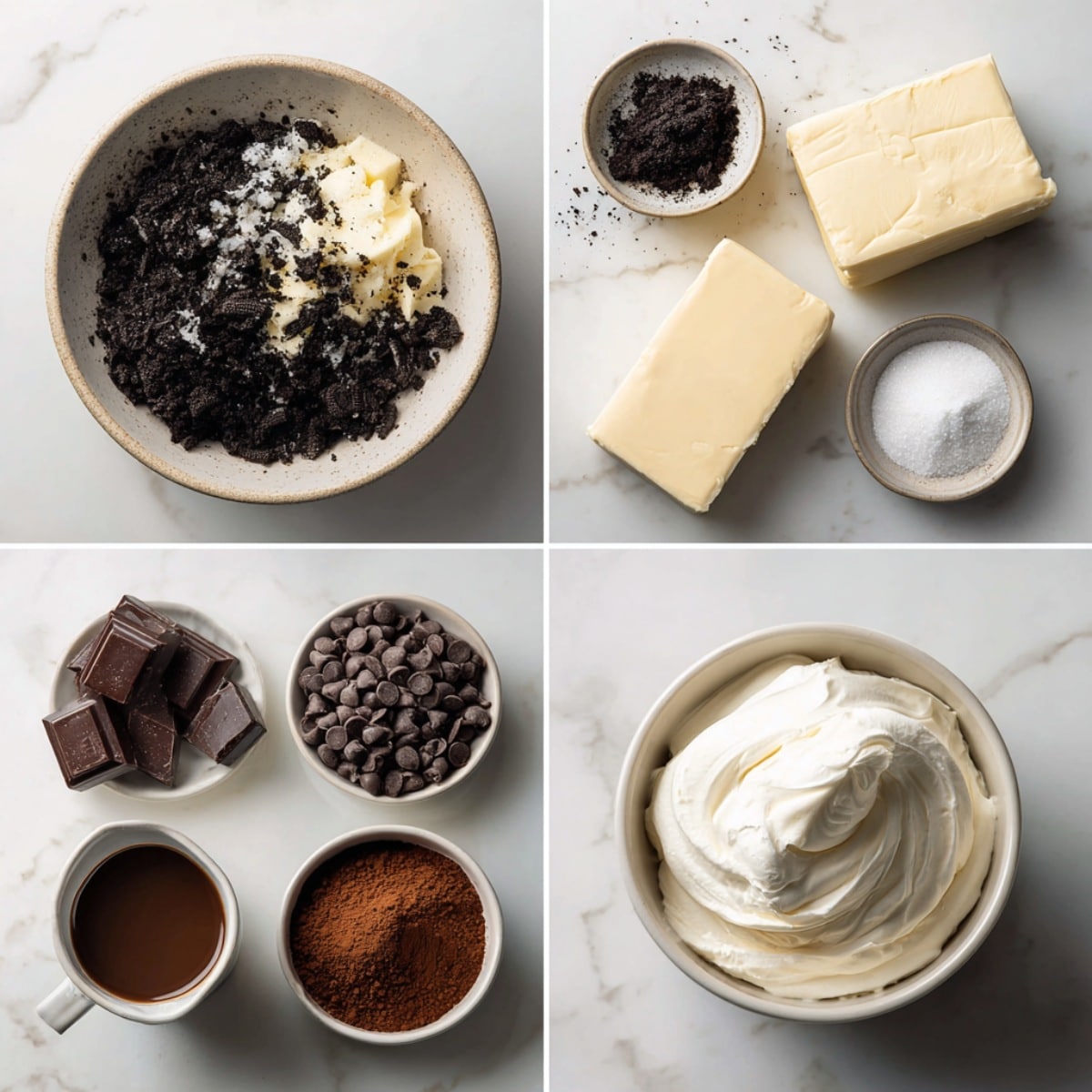 Ingredients for Triple Chocolate Cheesecake arranged in a 4-panel flat lay on a black slate counter.