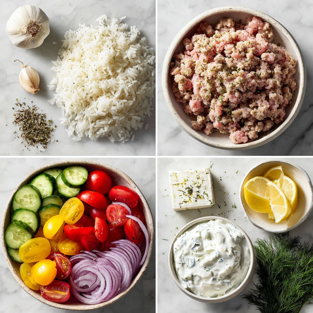 Ingredients for Mediterranean turkey bowls arranged in a 4-panel flat lay on a white marble kitchen counter.