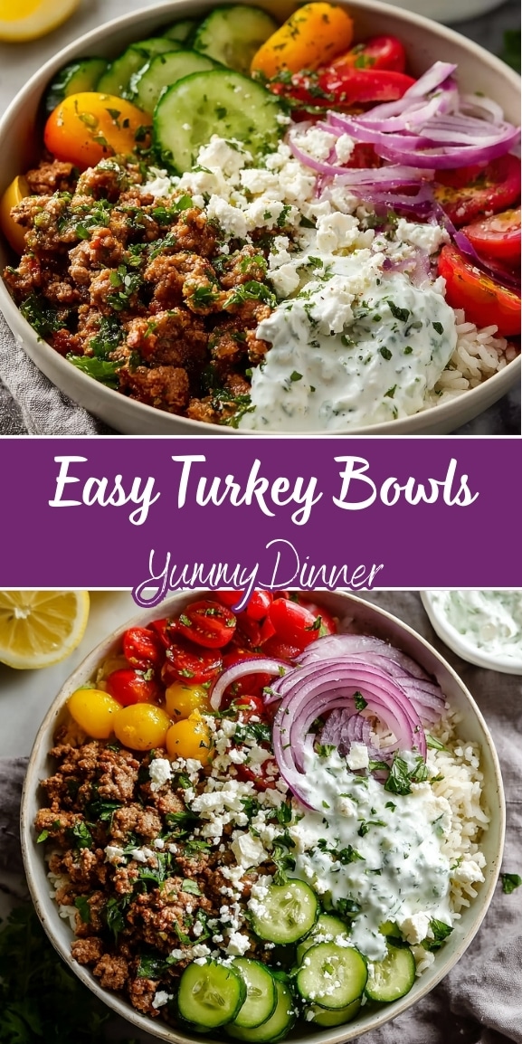 Easy turkey bowls with seasoned ground turkey, rice, cucumbers, cherry tomatoes, red onion, feta cheese, and creamy tzatziki sauce, served as a healthy dinner.