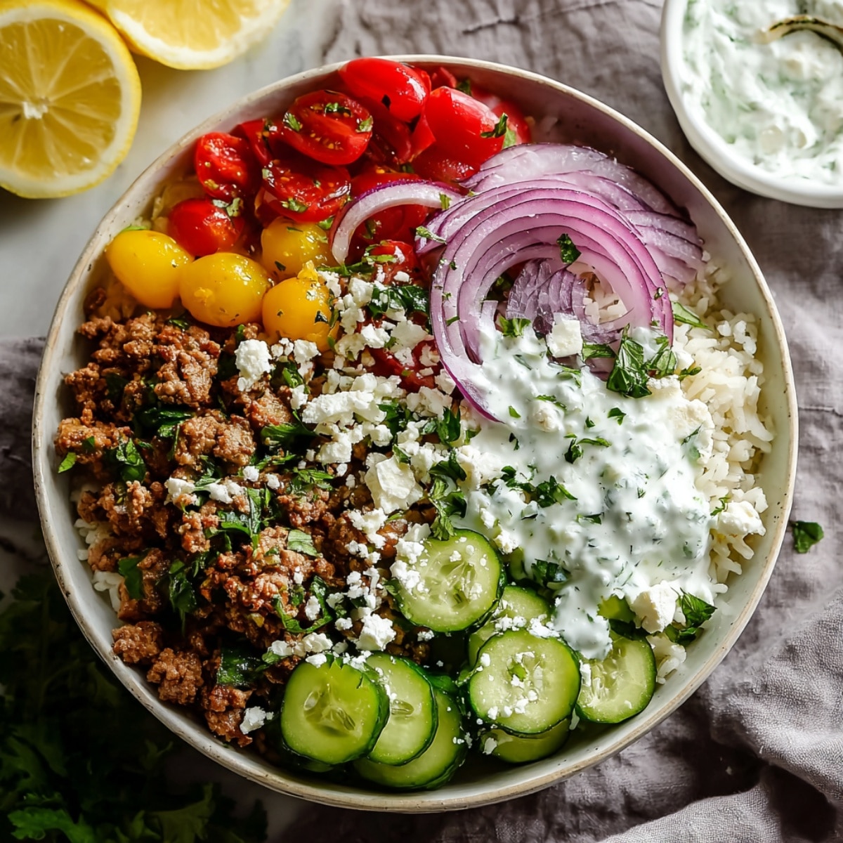 Ground turkey rice bowl with sliced cucumbers, cherry tomatoes, red onion, feta cheese, and creamy tzatziki sauce, served fresh and healthy