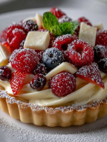 Individual white chocolate mousse tart in a golden fluted pastry shell with swirled white chocolate filling, topped with fresh raspberries, blueberries, strawberries, white chocolate curls, fresh mint, and dusted with powdered sugar.