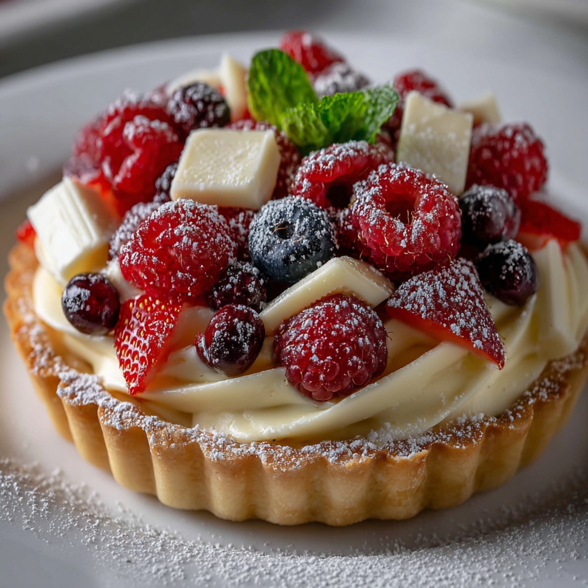 Individual white chocolate mousse tart in a golden fluted pastry shell with swirled white chocolate filling, topped with fresh raspberries, blueberries, strawberries, white chocolate curls, fresh mint, and dusted with powdered sugar.