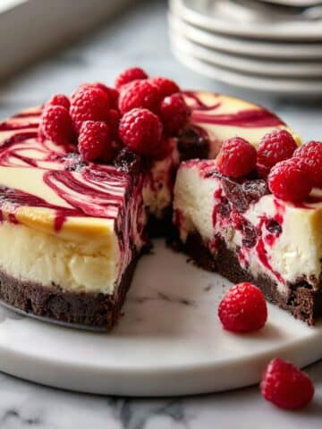 White chocolate raspberry swirl cheesecake with a rich chocolate crust, creamy cheesecake center, and fresh raspberries on top, sliced to show the marbled filling.