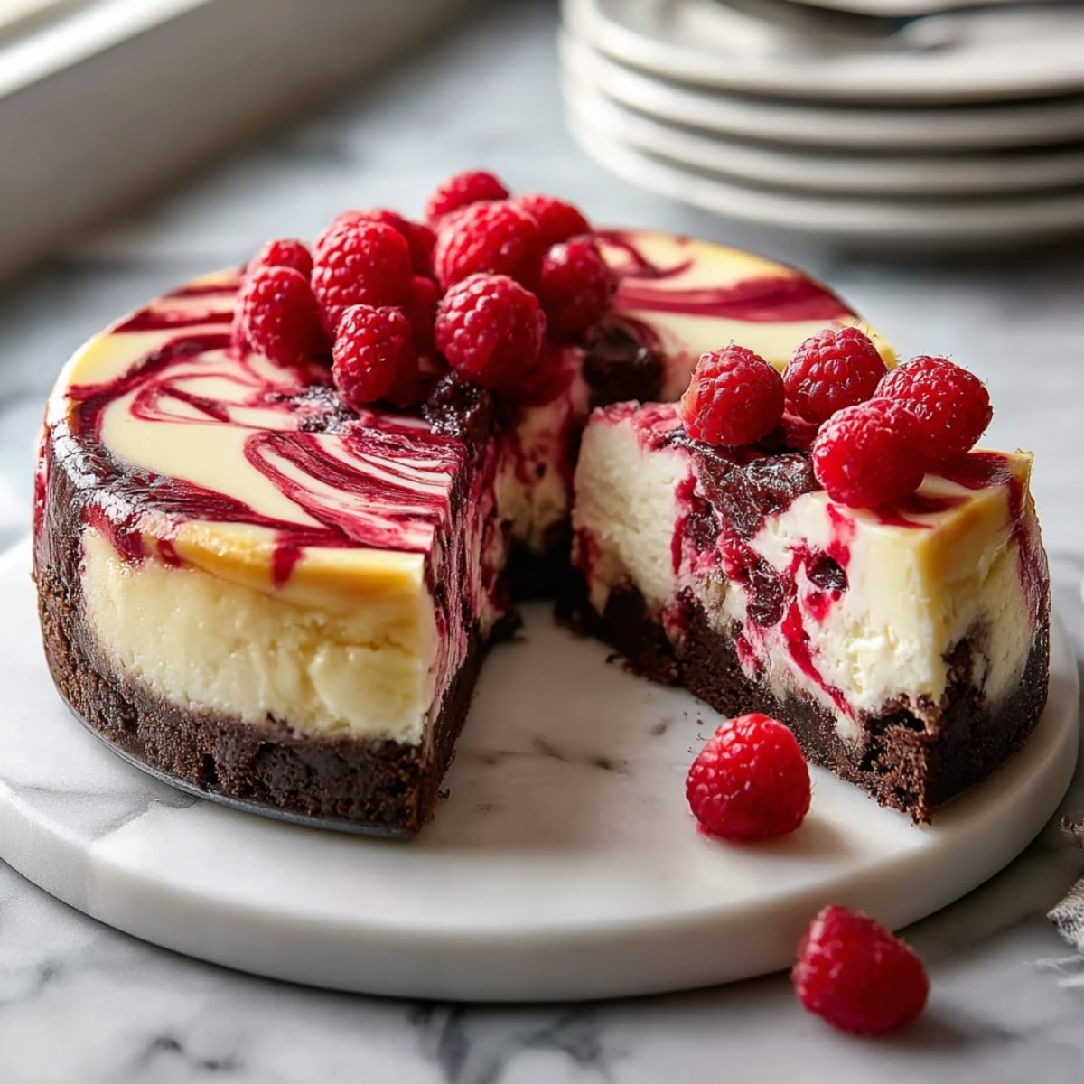 White chocolate raspberry swirl cheesecake with a rich chocolate crust, creamy cheesecake center, and fresh raspberries on top, sliced to show the marbled filling.