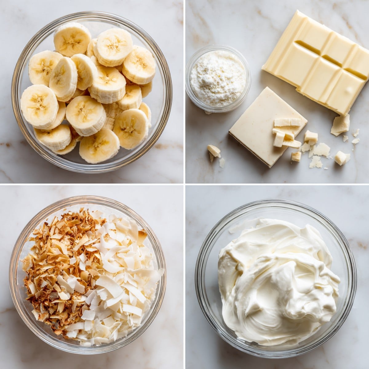 Ingredients for Winter Wonderland Smoothie arranged in a 4-panel flat lay on a white marble kitchen counter.