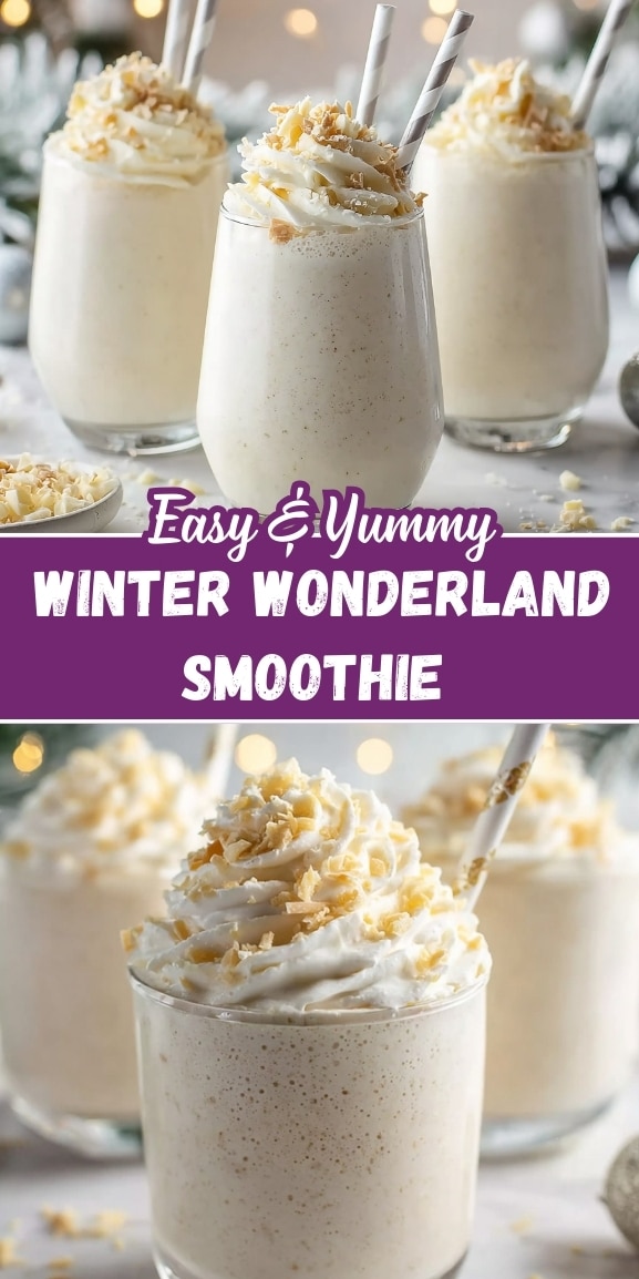 Easy and yummy winter wonderland smoothie topped with whipped cream and white chocolate shavings, served in clear glasses with striped straws and soft holiday lights in the background.