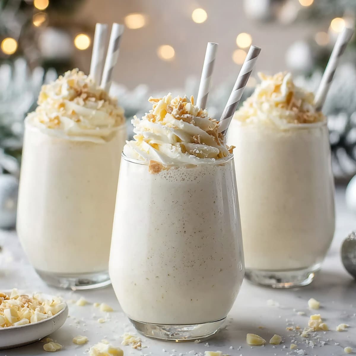 Creamy winter wonderland smoothie served in clear glasses, topped with swirls of whipped cream and white chocolate shavings, finished with striped paper straws and softly glowing holiday lights in the background.