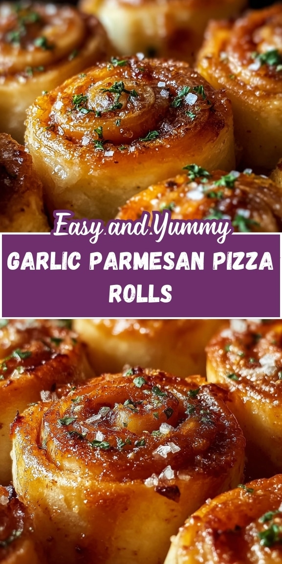 Easy and yummy garlic parmesan pizza rolls baked until golden and crispy, brushed with buttery garlic sauce, topped with herbs and flaky salt, shown in a close-up Pinterest-style food photo.
