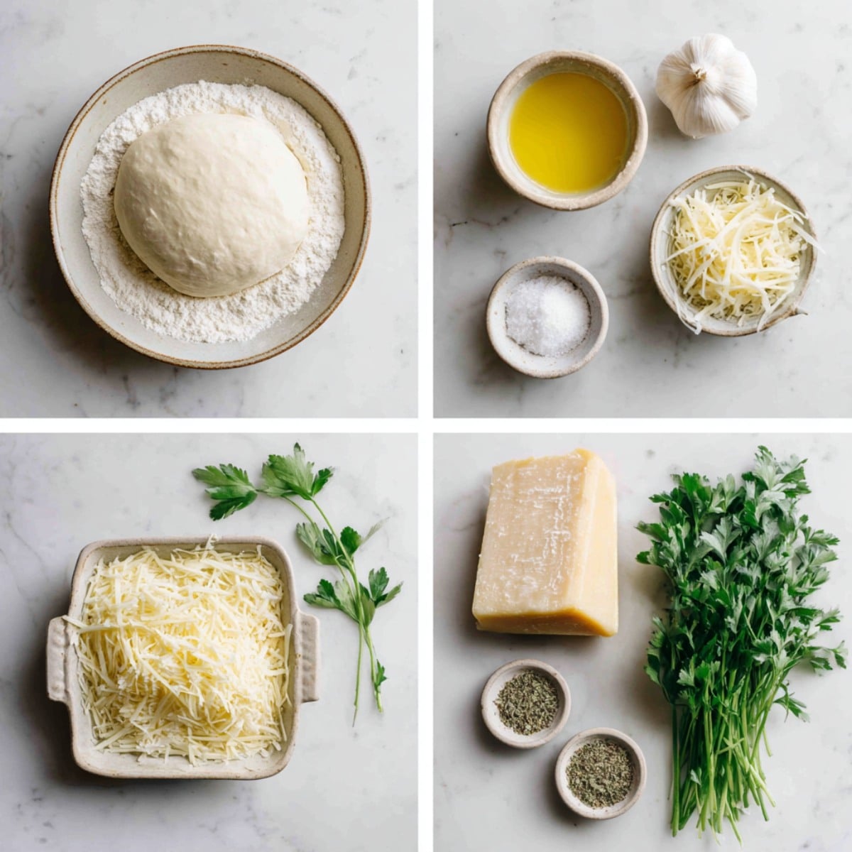 Ingredients for garlic parmesan pizza rolls arranged in a 4-panel flat lay on a wooden surface.