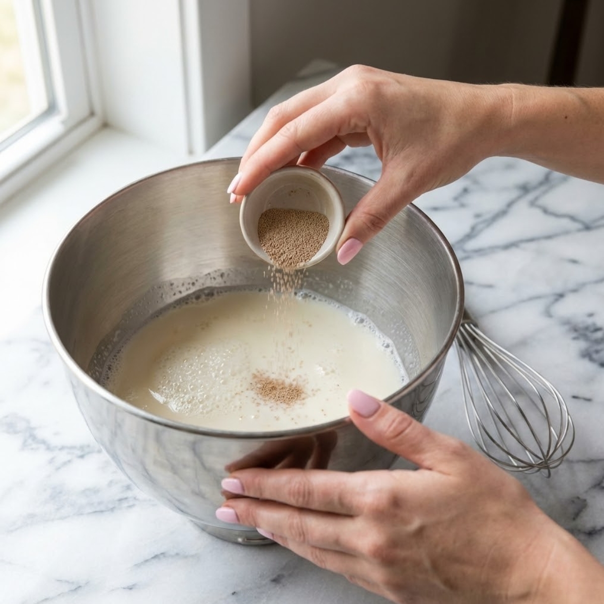 Close up of hands adding instant yeast to warm milk and sugar in a mixer bowl to activate it.