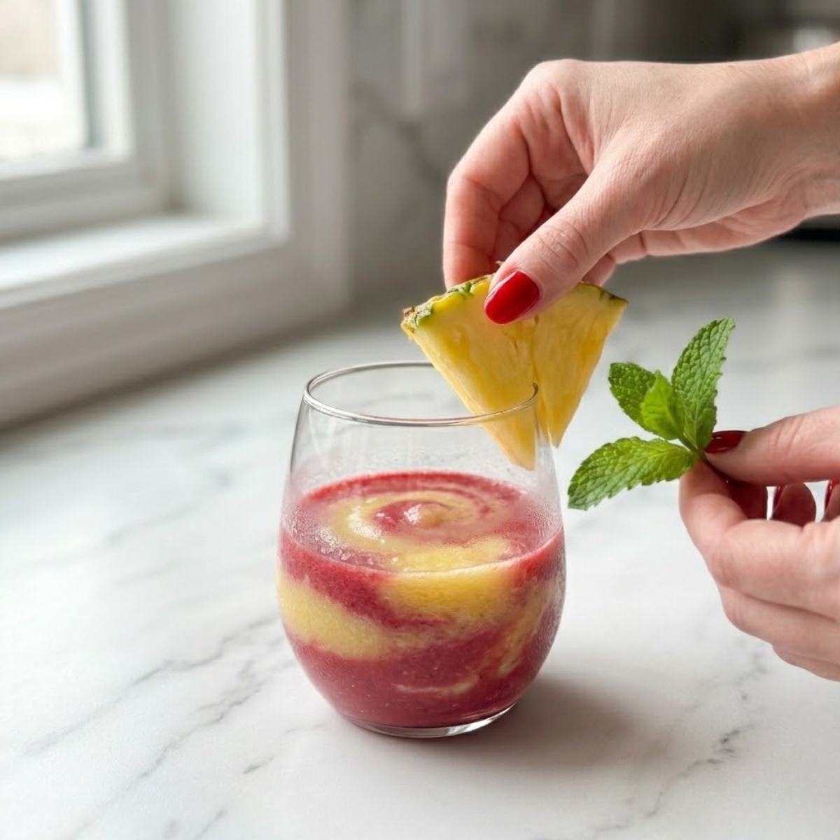 Close-up shot, taken at a 45-degree angle, focusing tightly on a stemless serving glass resting on a modern white marble kitchen counter with Gray veining. A young woman's hand with soft skin and Classic Red nails from image_224.png and image_225.png is carefully sliding a fresh pineapple wedge garnish onto the rim of the glass which shows some pink puree swirled. Natural bright light highlights the frosty colors and condensation on the glass.