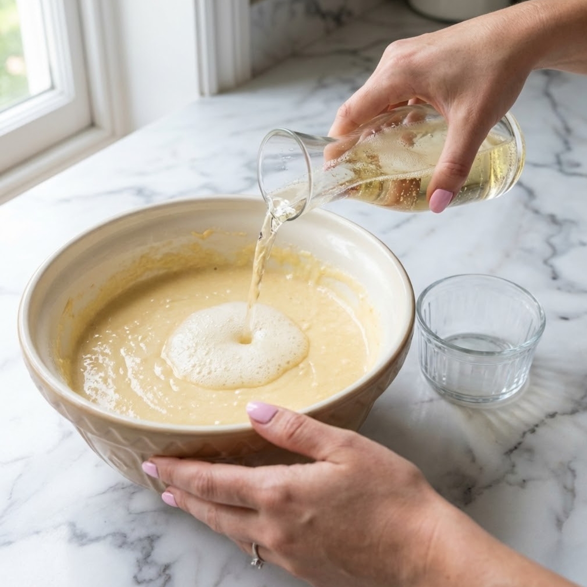 Close up of pouring champagne into peach cupcake batter in a mixing bowl.