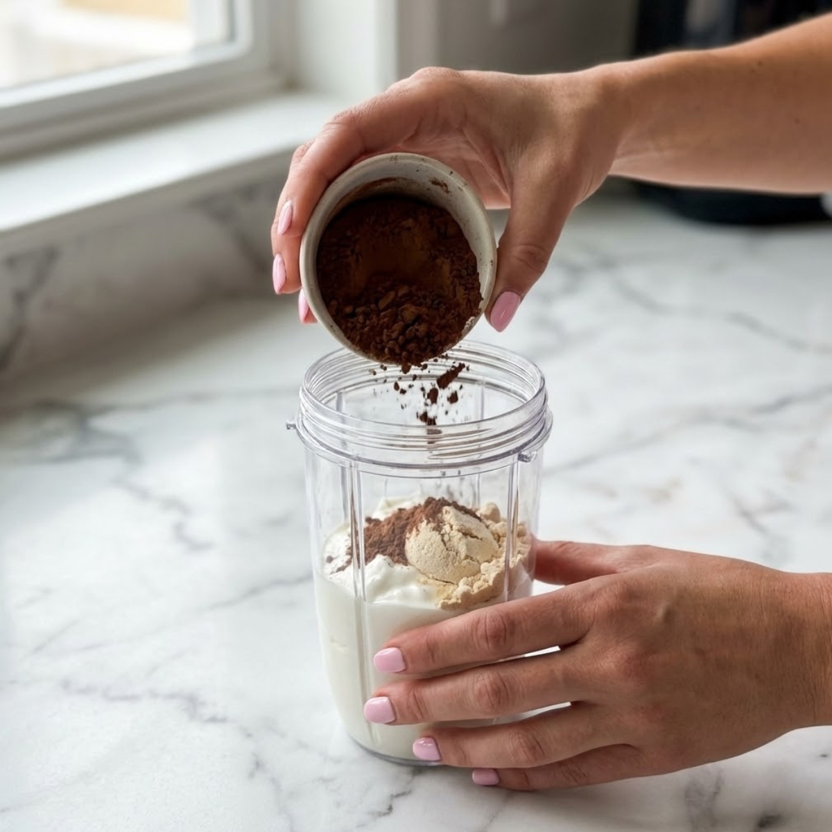 Adding ingredients to blender Alt Text: Close up of hands pouring cocoa powder into a blender with yogurt and protein powder.