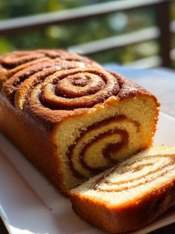 Amish cinnamon bread loaf with decorative cinnamon-sugar swirl pattern on top, sliced to reveal internal cinnamon swirl throughout the tender golden crumb, displayed on a white serving platter