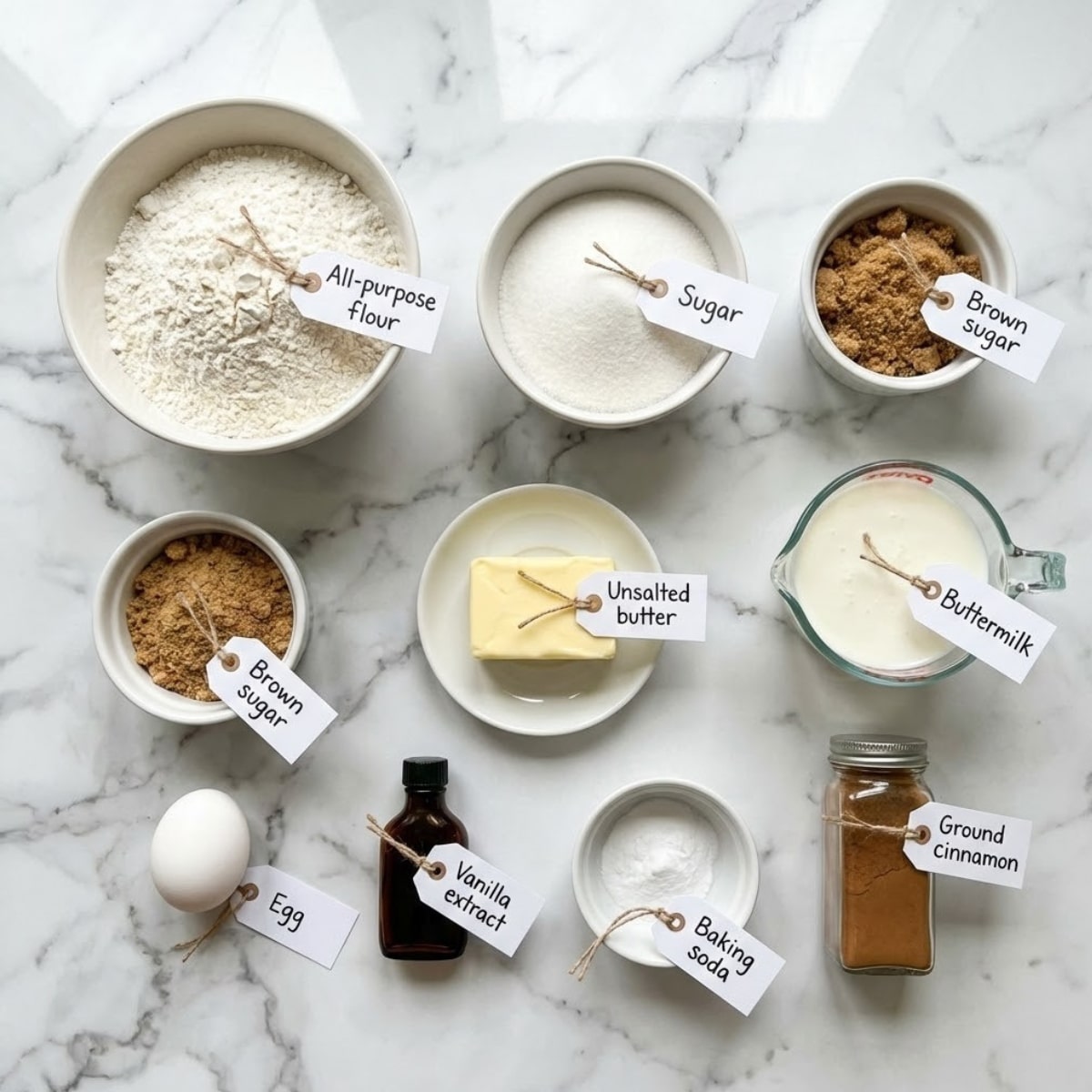 A top-down photograph of the ingredients for Amish Cinnamon Bread arranged on a white marble kitchen . Bowls contain flour, sugar, brown sugar, baking soda, and ground cinnamon. Other items include a measuring cup of buttermilk, a stick of butter, an egg, and vanilla extract. All items are labeled with handmade tags.