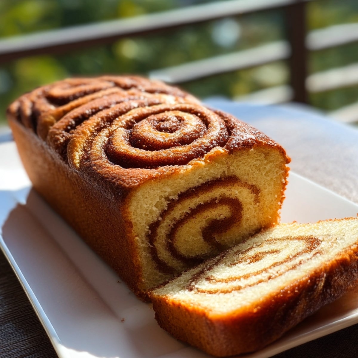 Amish cinnamon bread loaf with decorative cinnamon-sugar swirl pattern on top, sliced to reveal internal cinnamon swirl throughout the tender golden crumb, displayed on a white serving platter