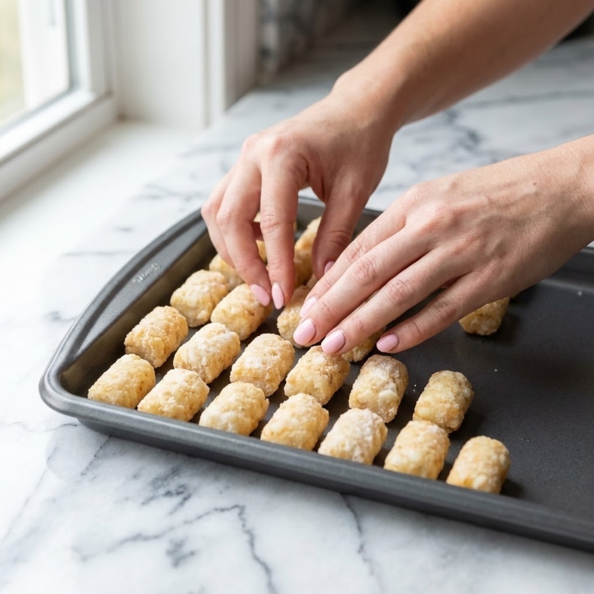 Close up of hands arranging frozen tater tots on a baking sheet before cooking.