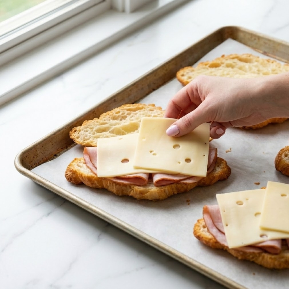 Close-up of a hand placing Swiss cheese onto ham on a sliced croissant.