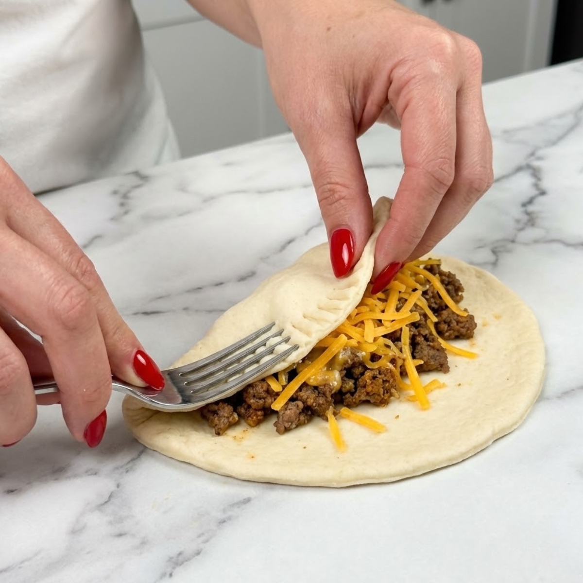 Close-up of hands with red nails folding and crimping a taco pocket with a fork on a marble counter.