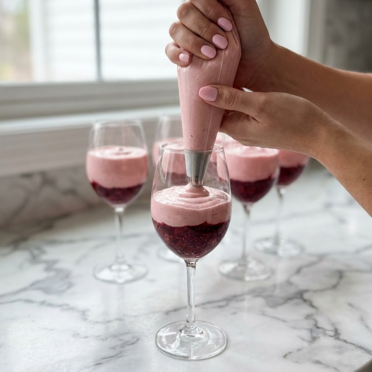 Close up of filling wine glasses with layers of raspberry compote and pink mousse.