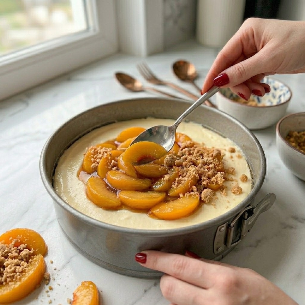 Close-up of a young woman's hands with classic red nails carefully adding cooked peaches and crispy cobbler topping to a baked cheesecake on a marble kitchen counter.