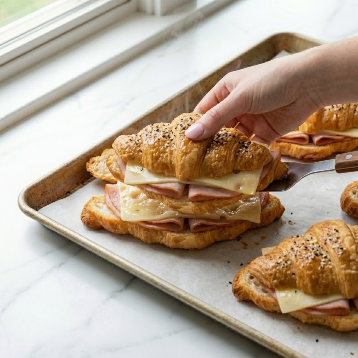 Close-up of a hand lifting a hot, baked ham and cheese croissant sandwich from a baking sheet.