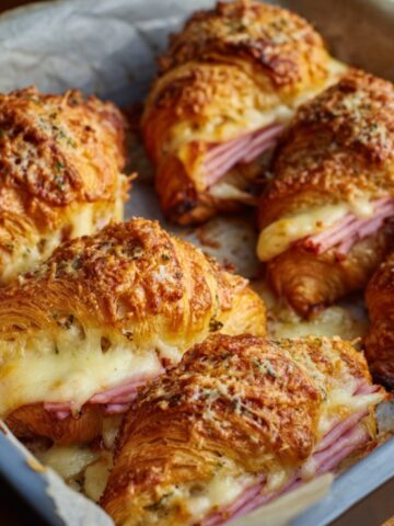 A close-up photo of six golden-brown baked croissants arranged in a light blue baking pan lined with parchment paper. The croissants are sliced in half and generously filled with thick layers of pink ham and gooey, melted cheese oozing out the sides. The tops of the croissants have a baked-on crust of grated cheese and a sprinkle of green herbs.