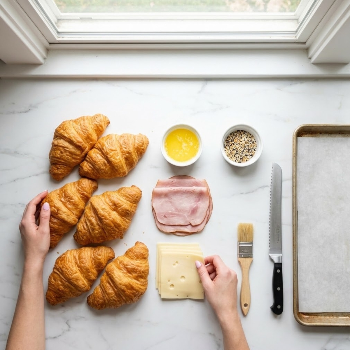 Overhead view of all ingredients for baked ham and cheese croissants on a marble counter with a woman's hands.