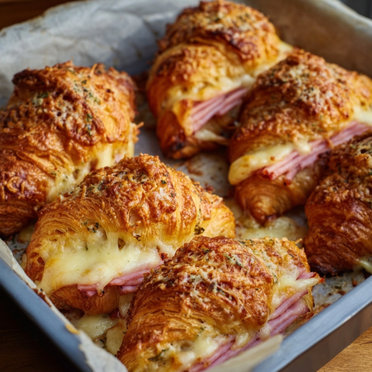 A close-up photo of six golden-brown baked croissants arranged in a light blue baking pan lined with parchment paper. The croissants are sliced in half and generously filled with thick layers of pink ham and gooey, melted cheese oozing out the sides. The tops of the croissants have a baked-on crust of grated cheese and a sprinkle of green herbs.
