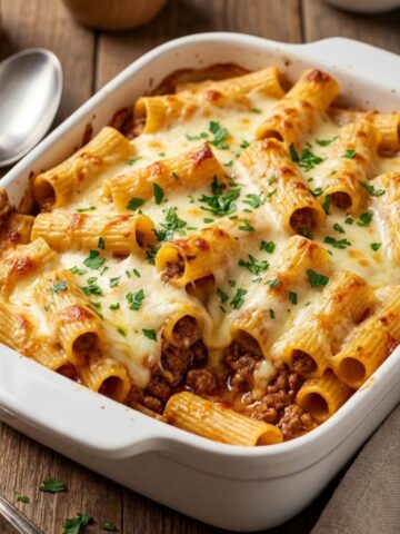 Baked rigatoni pasta stuffed with beef ragu in a white baking dish, topped with melted mozzarella cheese and fresh parsley, with pasta tubes standing upright showing the meat filling