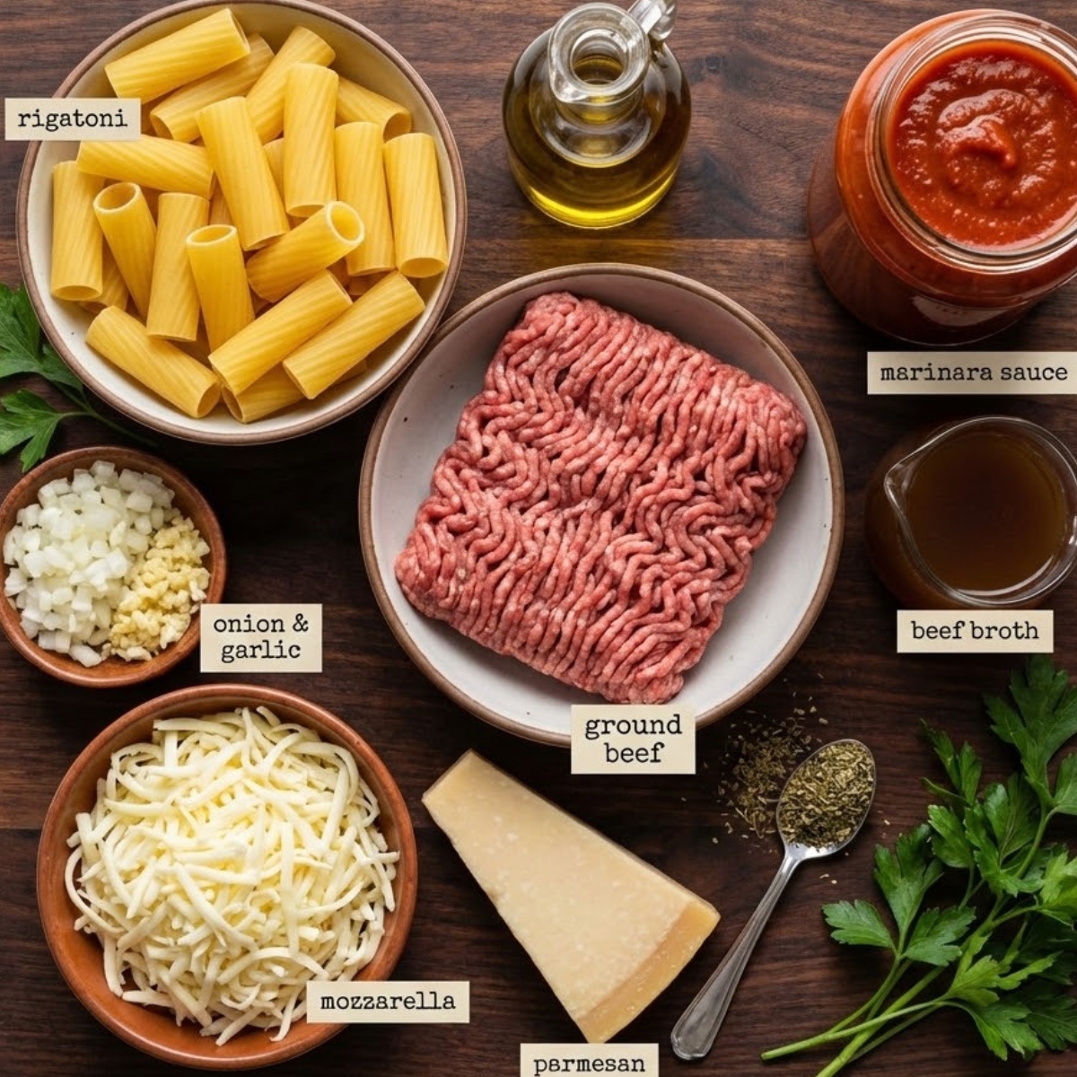 A square overhead flat lay of the ingredients for Stuffed Rigatoni: large pasta tubes, ground beef, marinara sauce, mozzarella, and aromatics on a wooden table.