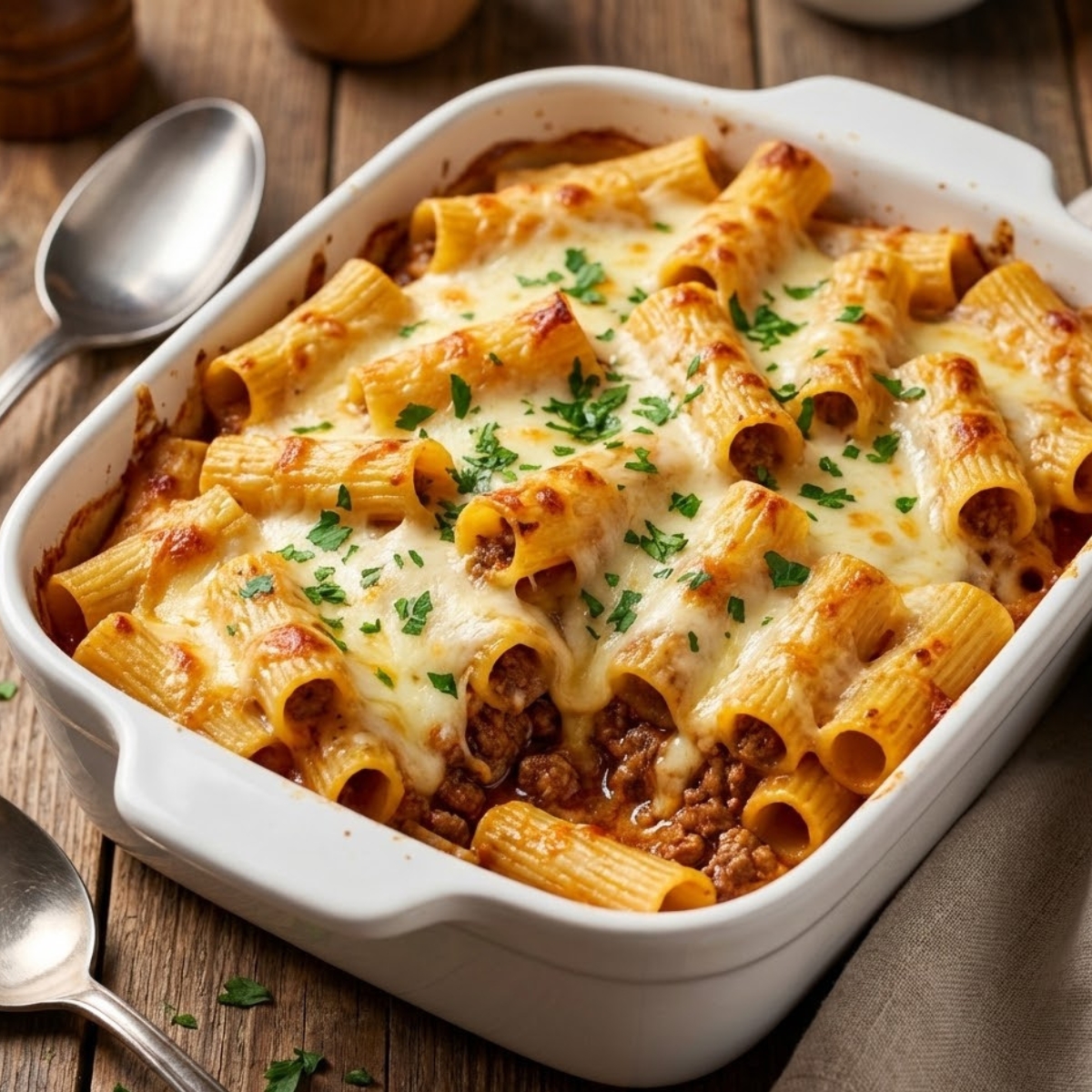 Baked rigatoni pasta stuffed with beef ragu in a white baking dish, topped with melted mozzarella cheese and fresh parsley, with pasta tubes standing upright showing the meat filling