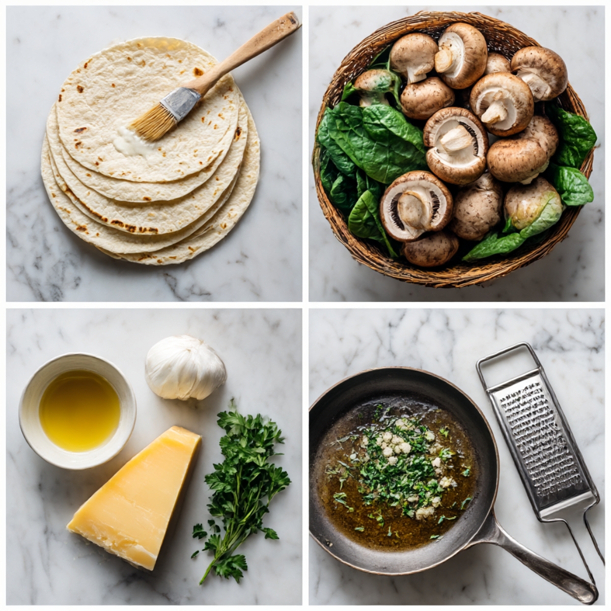 Ingredients for Baked Spinach Mushroom Quesadillas arranged in a 4-panel flat lay on a white marble kitchen counter.