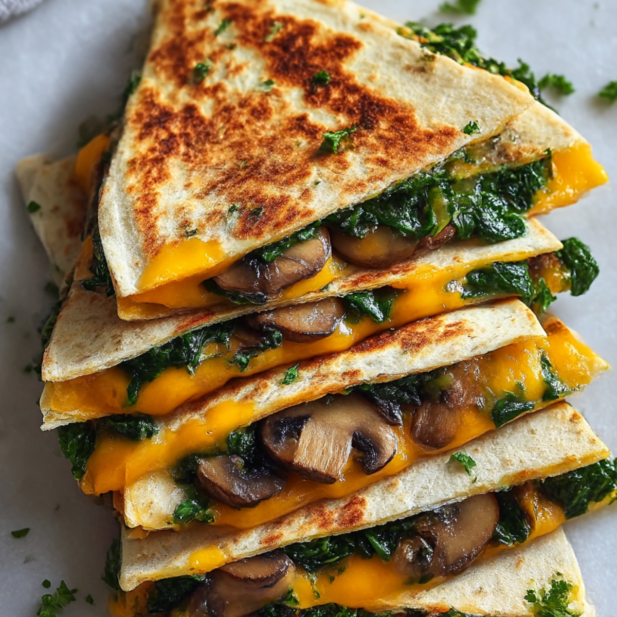 Stack of baked spinach mushroom quesadillas cut into triangles on light surface, showing layers of melted cheddar cheese, sautéed mushrooms, and wilted spinach between crispy golden-brown flour tortillas, garnished with fresh parsley