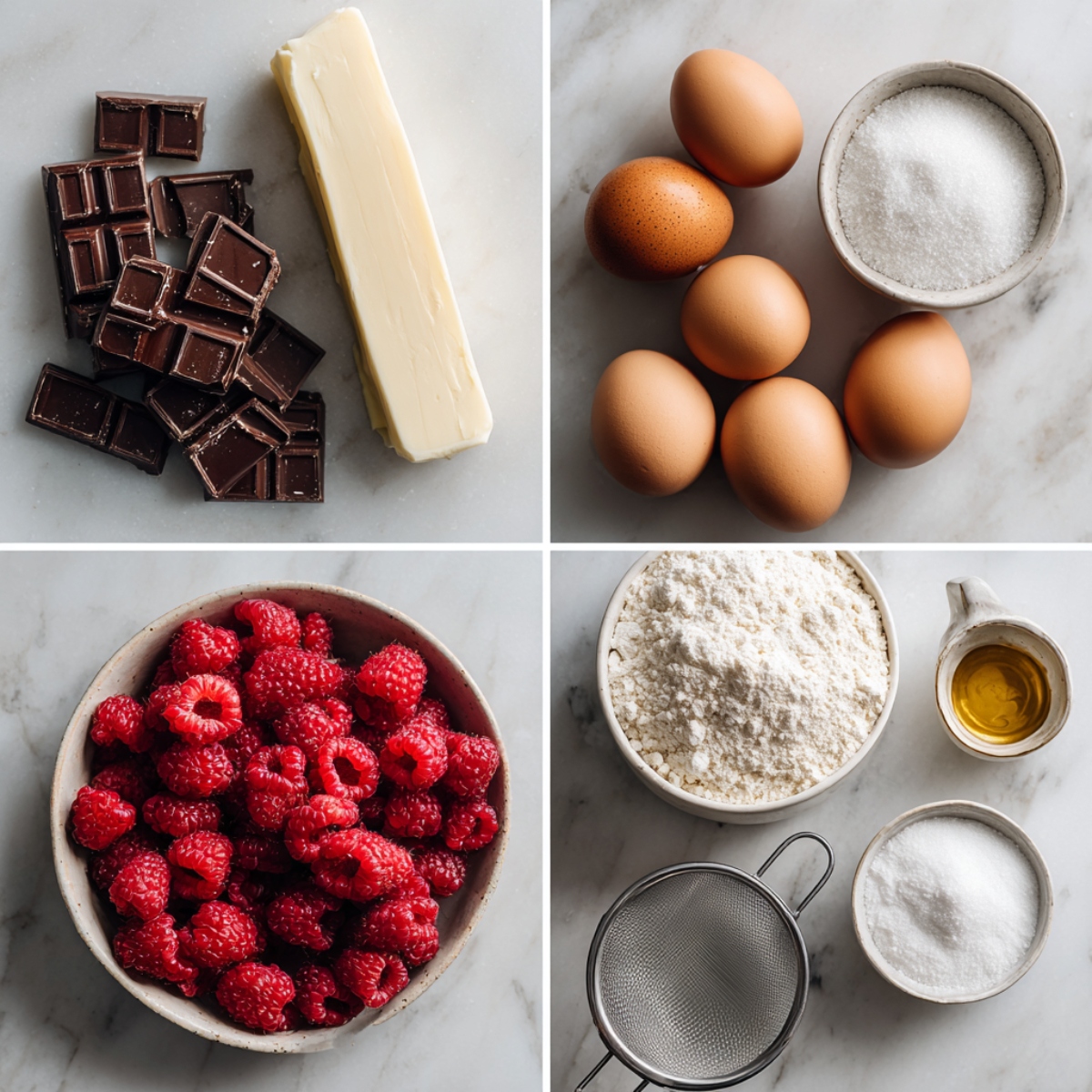 Ingredients for Berry Chocolate Lava Bites arranged in a 4-panel flat lay on a white marble kitchen counter.