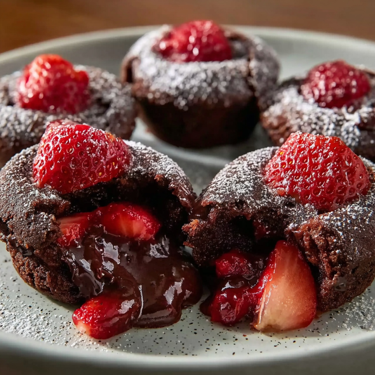 Berry Chocolate Lava Bites on a speckled gray plate, featuring individual molten chocolate lava cakes dusted with powdered sugar and topped with fresh strawberries and raspberries, with rich chocolate ganache flowing out from the center alongside sliced strawberries
