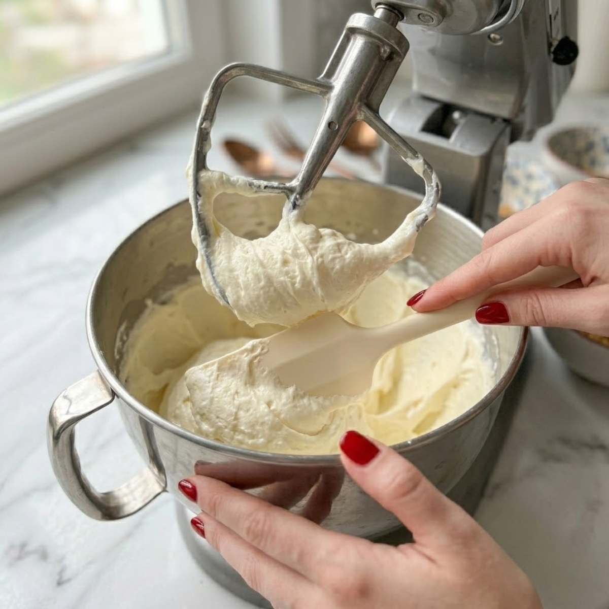 Close-up of a young woman's hand with classic red nails using a spatula to scrape down a stand mixer bowl containing rich cheesecake batter on a white marble counter.