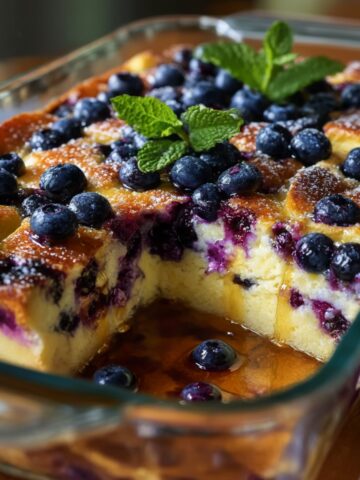 Blueberry French toast casserole in a glass baking dish with a slice removed, showing golden custard-soaked bread studded with blueberries, topped with powdered sugar, fresh blueberries, and mint leaves