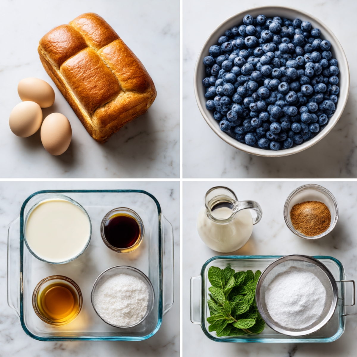 Ingredients for Blueberry French Toast Casserole arranged in a 4-panel flat lay on a white marble kitchen counter.