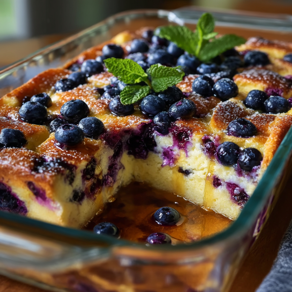 Blueberry French toast casserole in a glass baking dish with a slice removed, showing golden custard-soaked bread studded with blueberries, topped with powdered sugar, fresh blueberries, and mint leaves