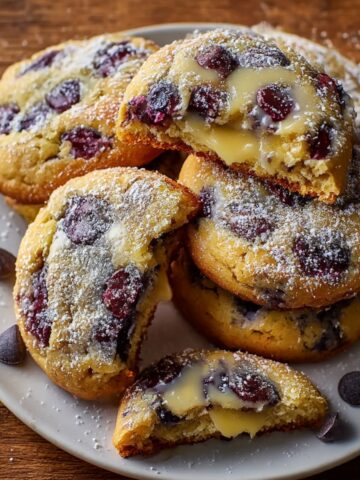 Blueberry lemon cookies stacked on white plate dusted with powdered sugar, one cookie broken open showing lemon curd filling dripping out, golden cookies studded with blueberries, chocolate chips scattered on plate and wooden table