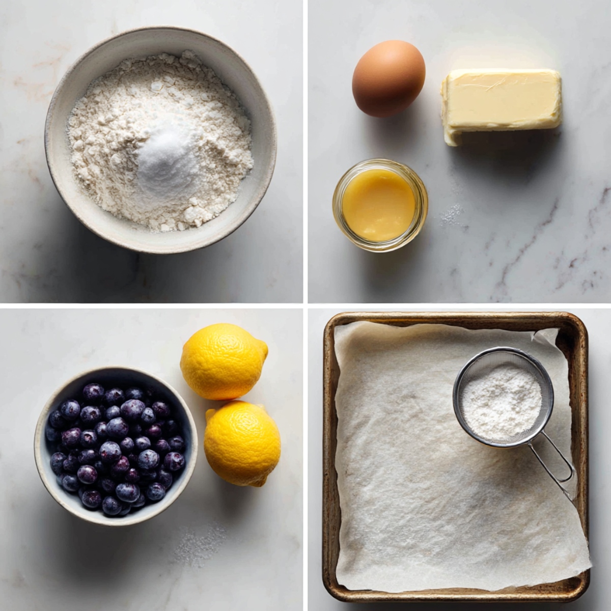 Ingredients for Blueberry Lemon Cookies arranged in a 4-panel flat lay on a white marble kitchen counter.