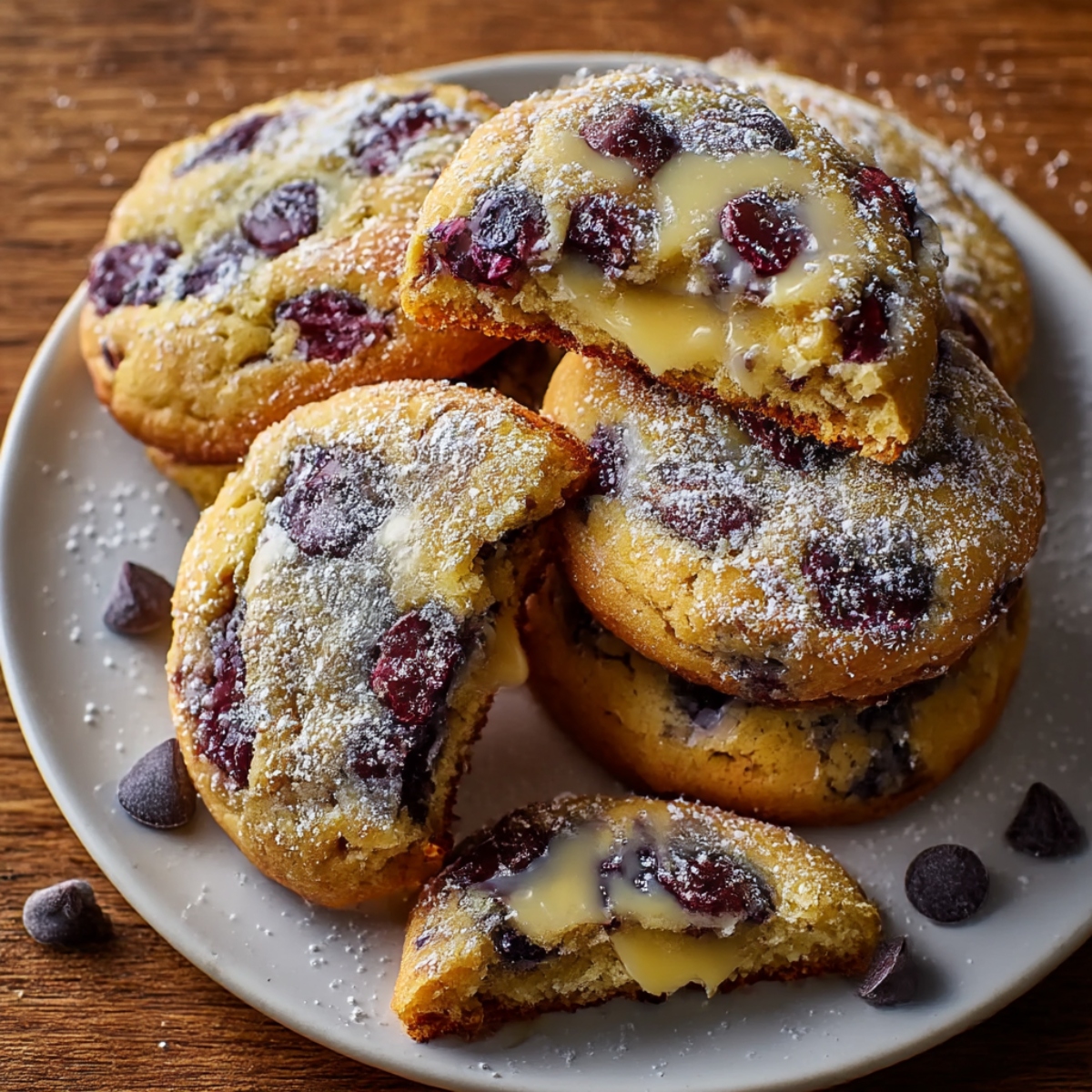 Blueberry lemon cookies stacked on white plate dusted with powdered sugar, one cookie broken open showing lemon curd filling dripping out, golden cookies studded with blueberries, chocolate chips scattered on plate and wooden table