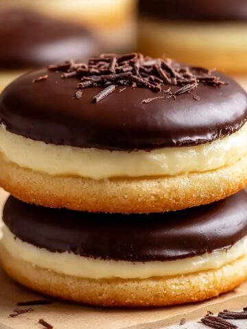 Two Boston cream pie cookies stacked on parchment paper with golden soft sugar cookie base, thick vanilla custard filling, smooth dark chocolate ganache top, and chocolate shavings garnish, warm bokeh background with additional cookies