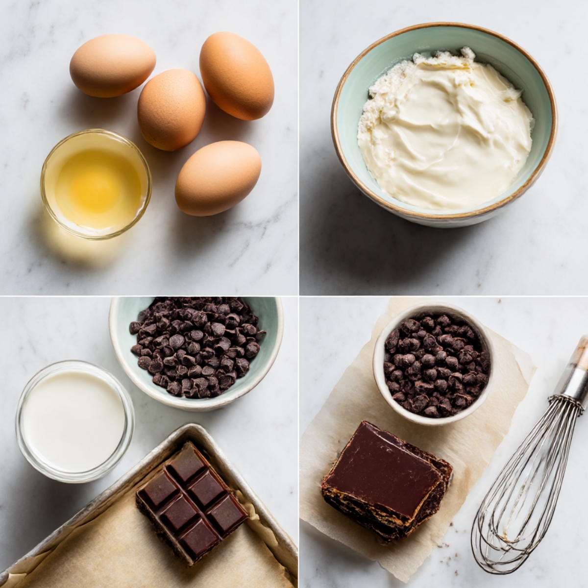 Ingredients for Boston Cream Pie Cookies arranged in a 4-panel flat lay on a white marble kitchen counter.